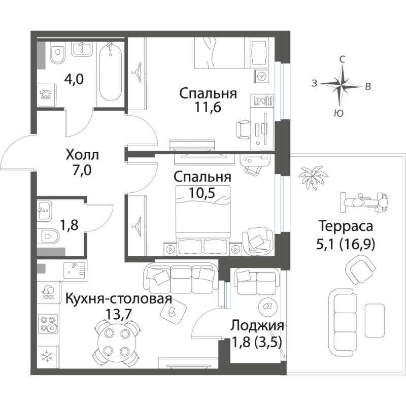 2-комнатная квартира, 55.5 м² в ЖК "Экография" - планировка, фото №1