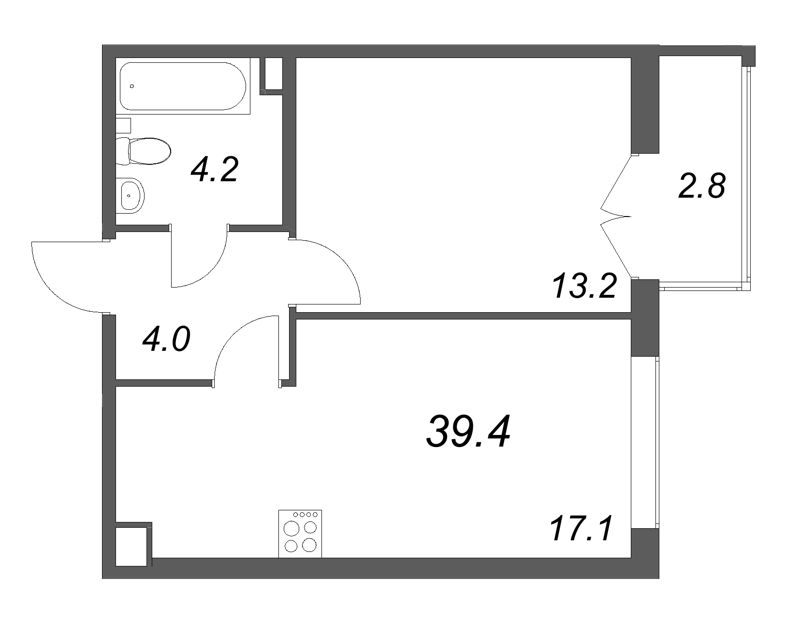 2-комнатная (Евро) квартира, 39.4 м² в ЖК "Кронунг ЮГ" - планировка, фото №1