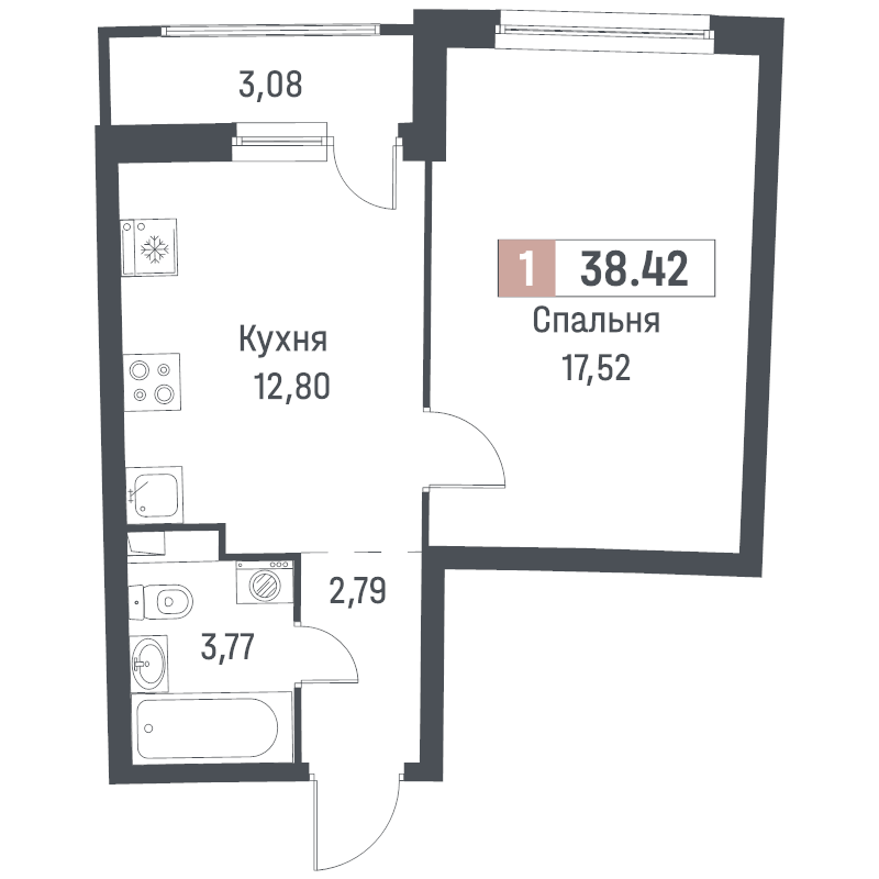 1-комнатная квартира, 38.42 м² в ЖК "Авиатор" - планировка, фото №1
