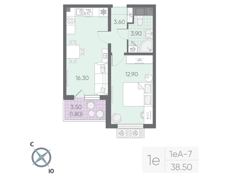2-комнатная (Евро) квартира, 38.5 м² в ЖК "Ручьи" - планировка, фото №1