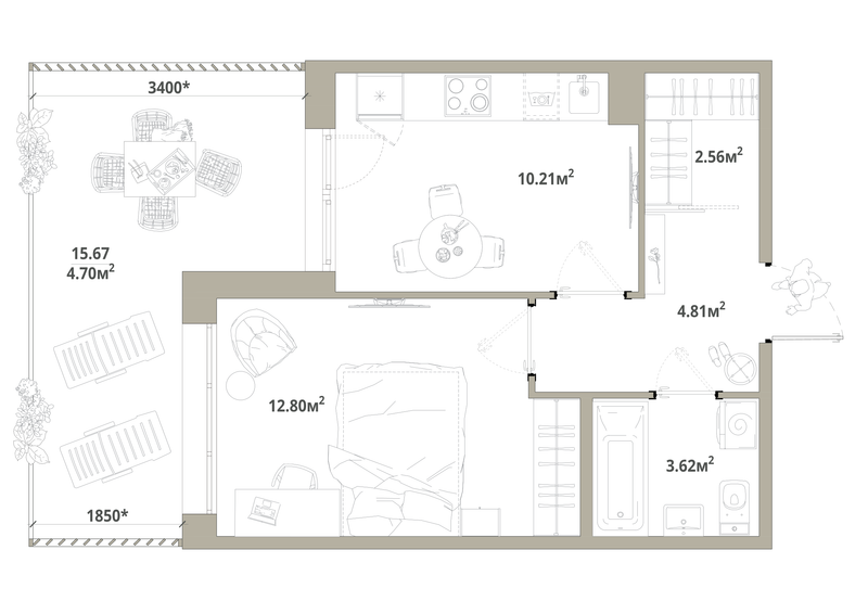 1-комнатная квартира, 38.7 м² в ЖК "Тишин" - планировка, фото №1
