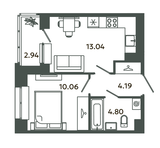 1-комнатная квартира, 33.56 м² в ЖК "Загляденье" - планировка, фото №1