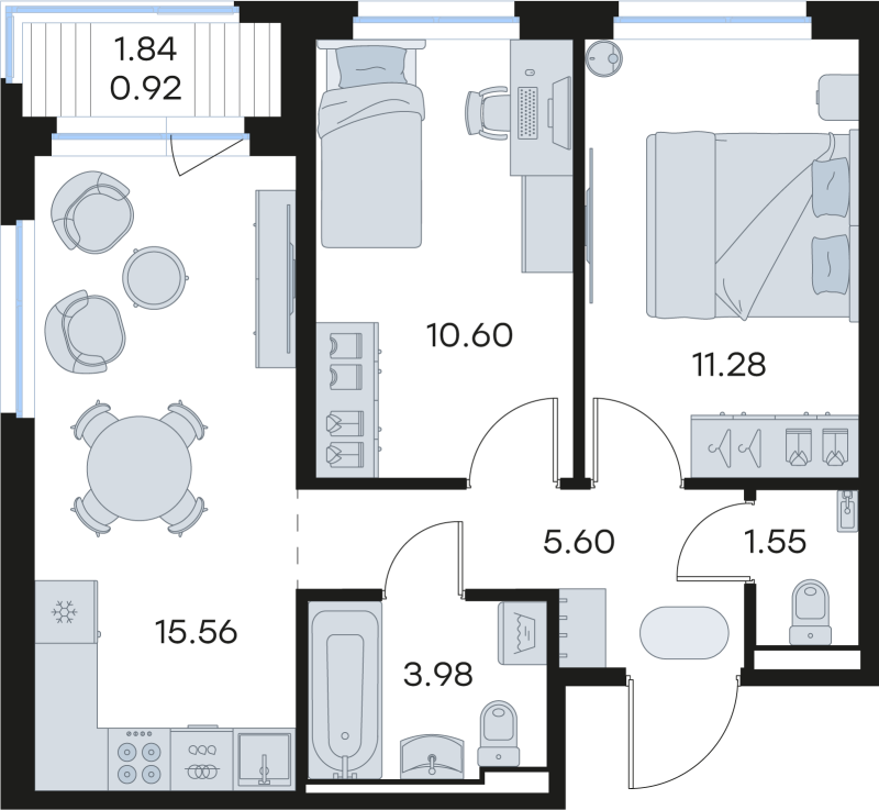 3-комнатная (Евро) квартира, 49.49 м² в ЖК "GloraX Новоселье" - планировка, фото №1