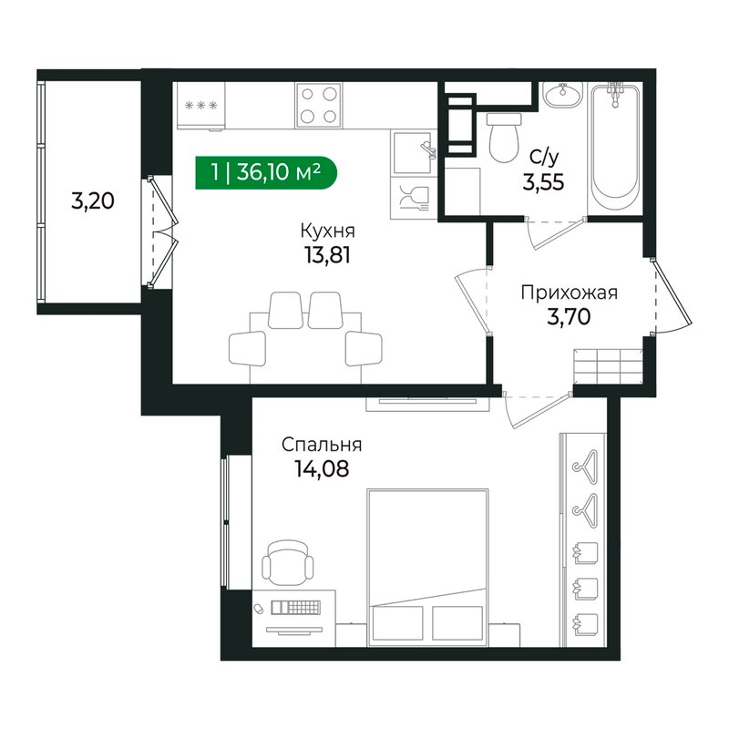 1-комнатная квартира, 34.7 м² в ЖК "Сертолово Парк" - планировка, фото №1