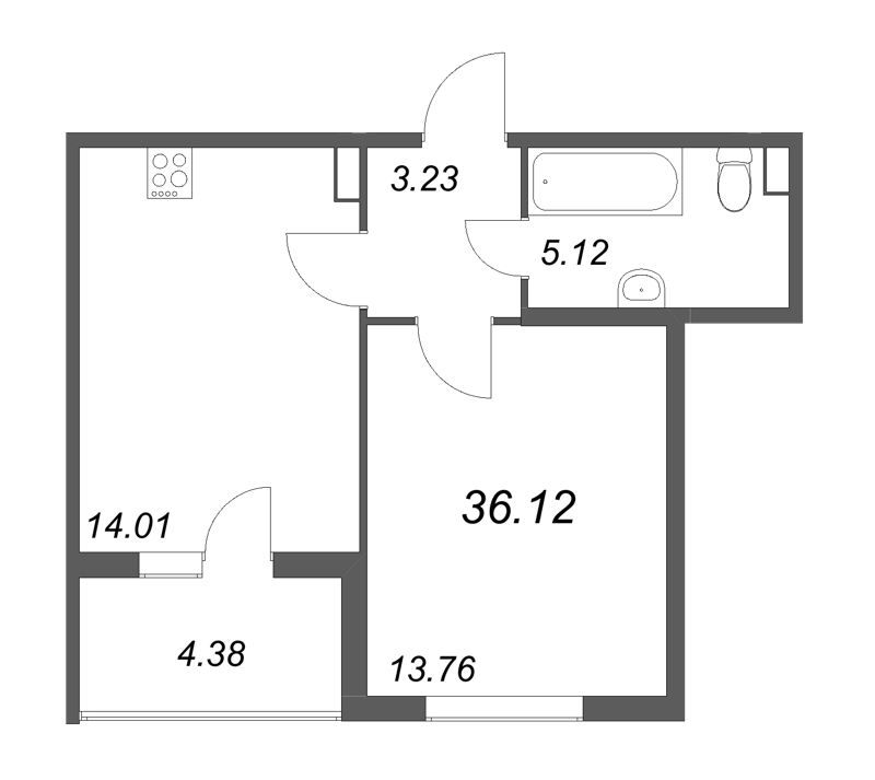 1-комнатная квартира, 36.12 м² - планировка, фото №1