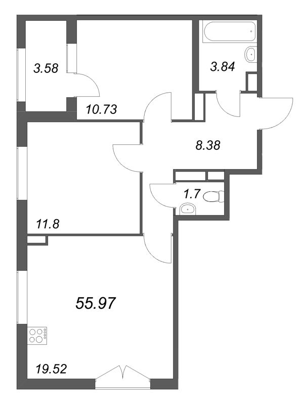 3-комнатная (Евро) квартира, 55.97 м² - планировка, фото №1