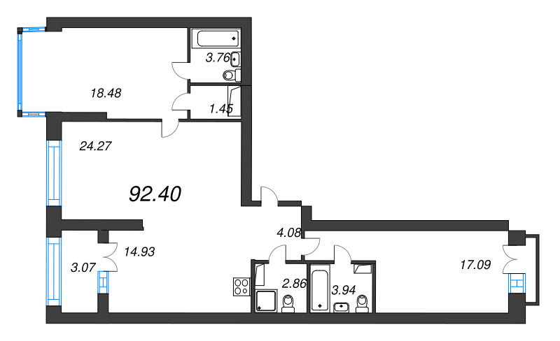 3-комнатная квартира, 92.4 м² - планировка, фото №1
