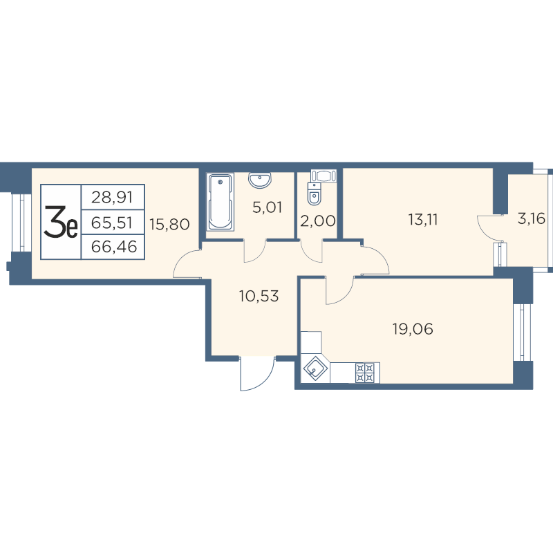 3-комнатная (Евро) квартира, 66.46 м² - планировка, фото №1