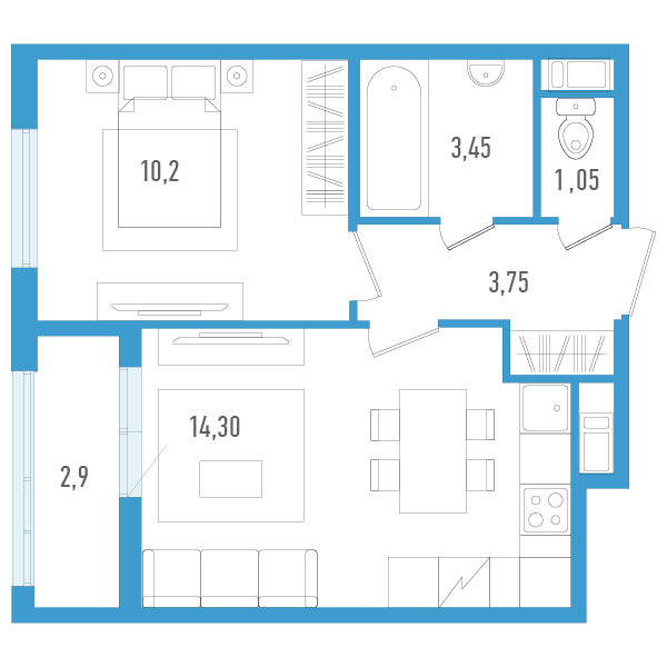 1-комнатная квартира, 34.2 м² в ЖК "AEROCITY" - планировка, фото №1