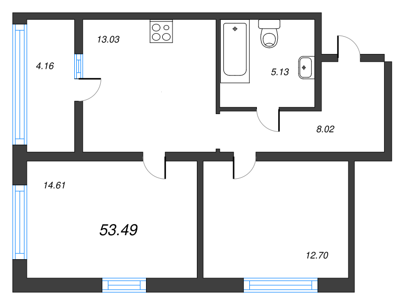 2-комнатная квартира, 53.49 м² в ЖК "Чёрная речка" - планировка, фото №1