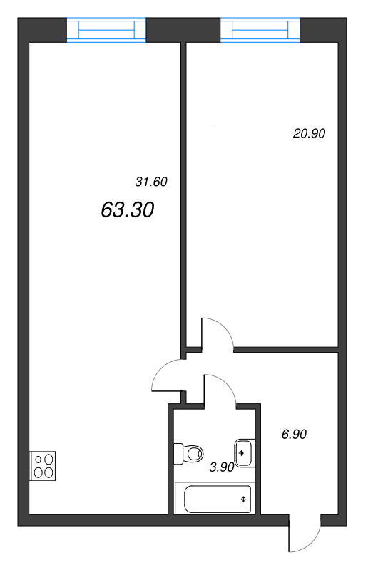 2-комнатная (Евро) квартира, 63.3 м² - планировка, фото №1