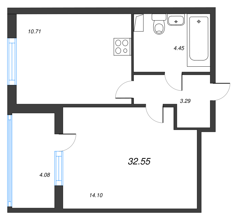 1-комнатная квартира, 32.55 м² - планировка, фото №1