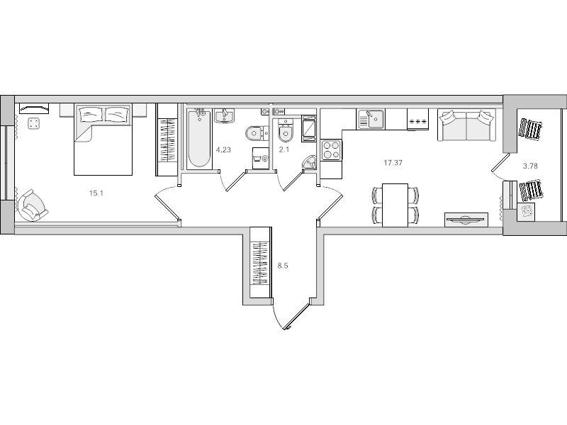 2-комнатная (Евро) квартира, 51.08 м² в ЖК "Чёрная речка" - планировка, фото №1