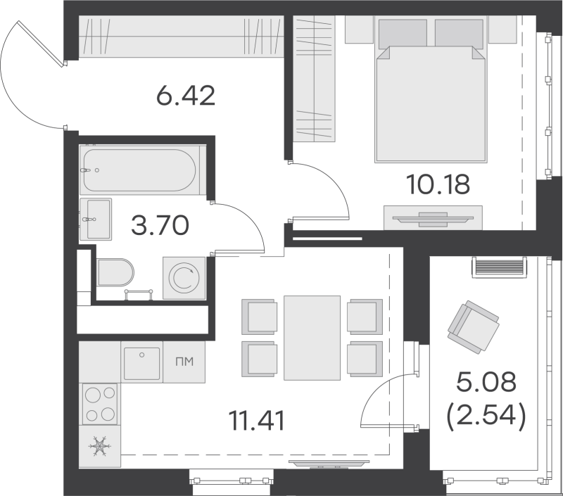 1-комнатная квартира, 34.25 м² - планировка, фото №1