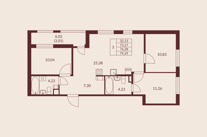 4-комнатная (Евро) квартира, 76.28 м² в ЖК "Амурино" - планировка, фото №1