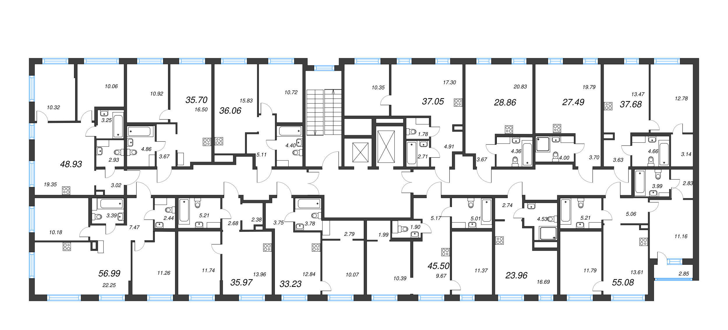 3-комнатная (Евро) квартира, 56.99 м² - планировка этажа
