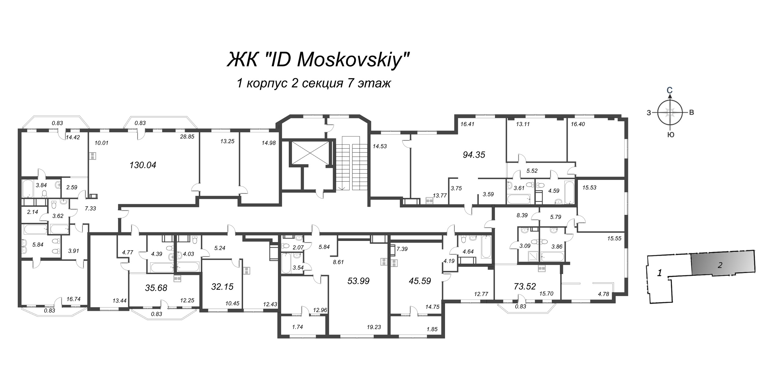 2-комнатная (Евро) квартира, 53.99 м² в ЖК "ID Moskovskiy" - планировка этажа