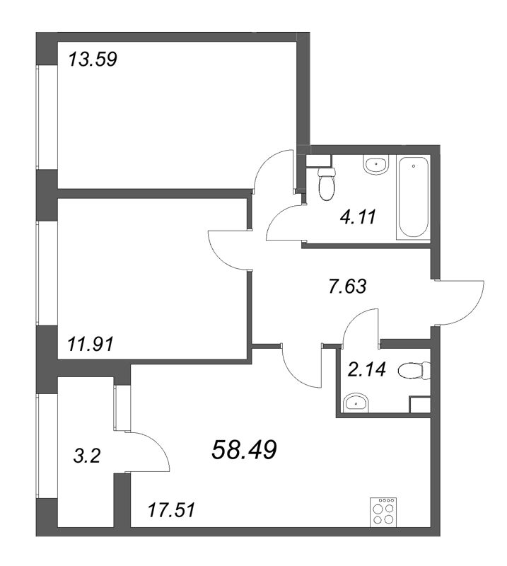 3-комнатная (Евро) квартира, 58.49 м² в ЖК "Аурум" - планировка, фото №1