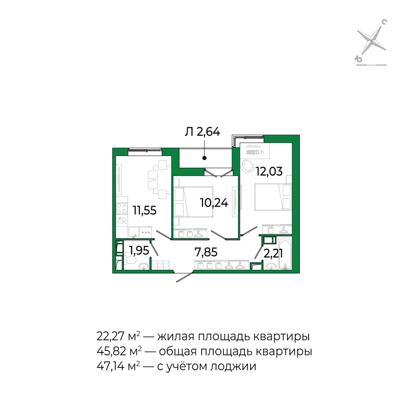 2-комнатная квартира, 47.14 м² в ЖК "Сертолово Парк" - планировка, фото №1