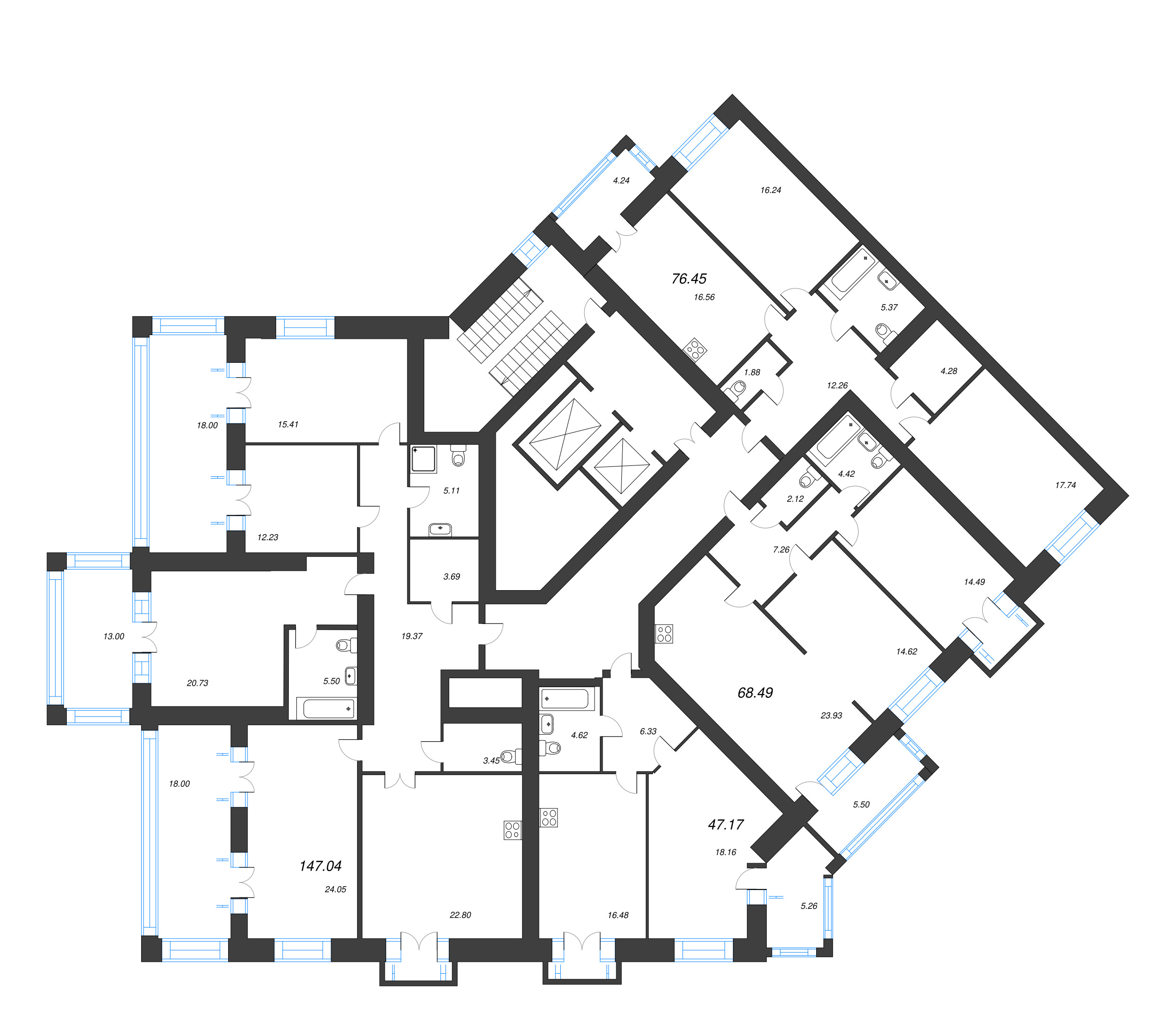 4-комнатная квартира, 144.3 м² в ЖК "Листва" - планировка этажа