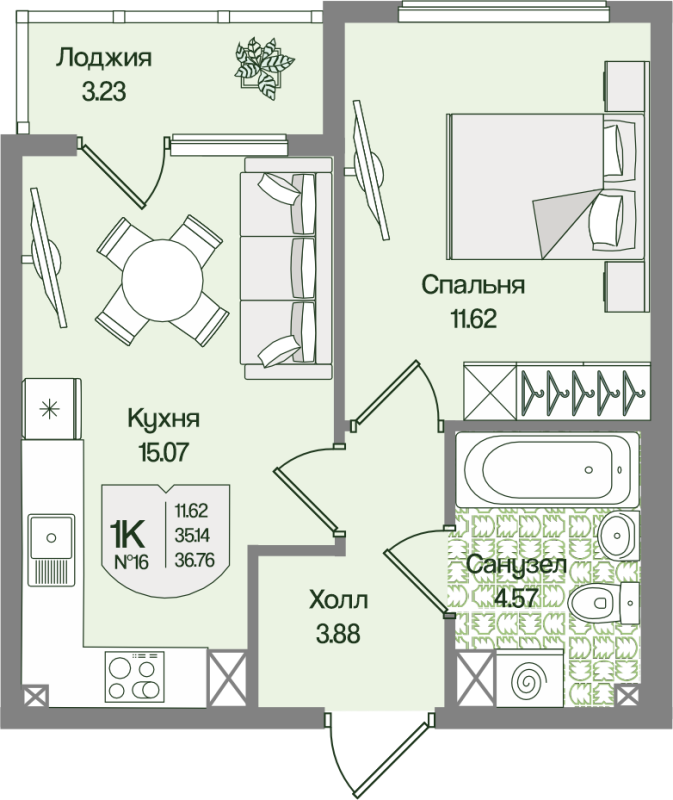 2-комнатная (Евро) квартира, 36.75 м² в ЖК "Охтинские высоты" - планировка, фото №1