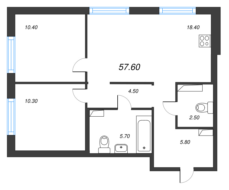 3-комнатная (Евро) квартира, 57.6 м² в ЖК "Струны" - планировка, фото №1