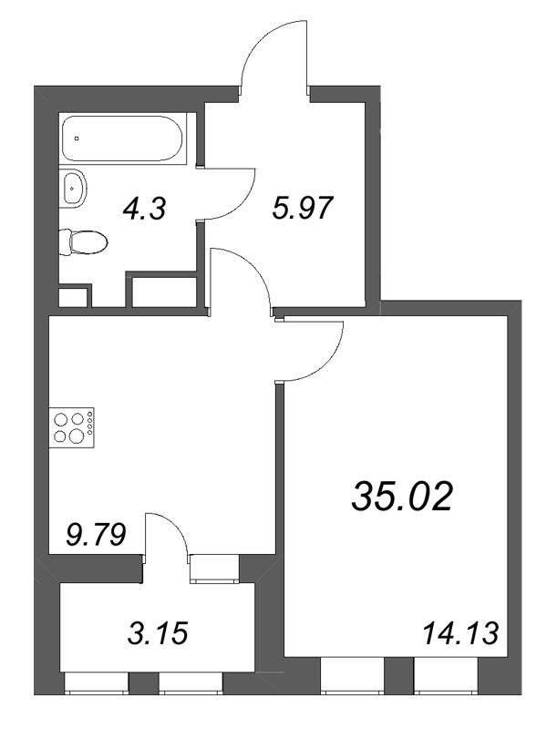 1-комнатная квартира, 35.02 м² в ЖК "Аквилон Солар" - планировка, фото №1