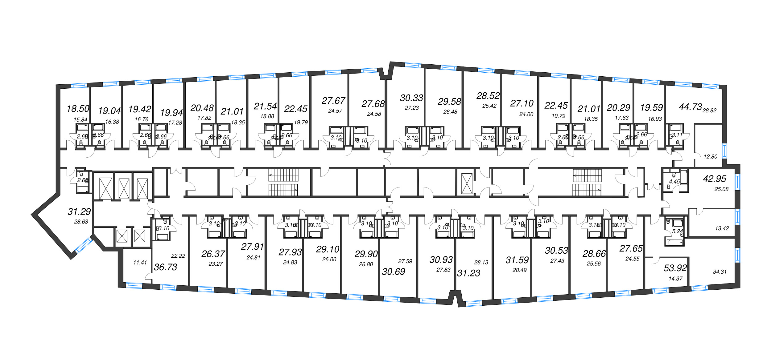 2-комнатная (Евро) квартира, 42.95 м² - планировка этажа