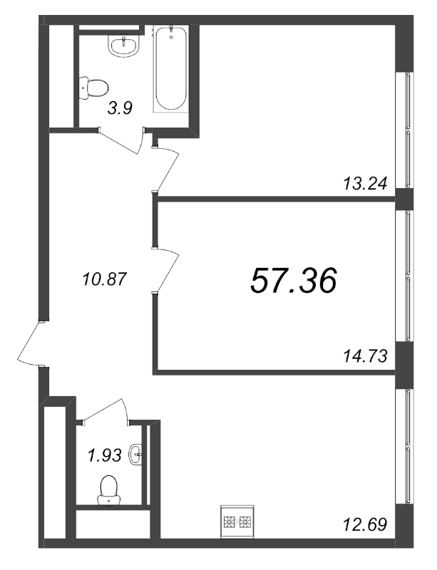 2-комнатная квартира, 57.38 м² в ЖК "GloraX Premium Василеостровский" - планировка, фото №1