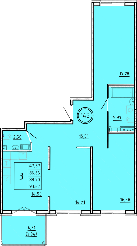 3-комнатная квартира, 86.86 м² в ЖК "Образцовый квартал 16" - планировка, фото №1