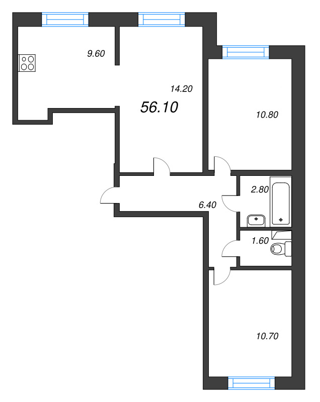 3-комнатная квартира, 56.1 м² - планировка, фото №1