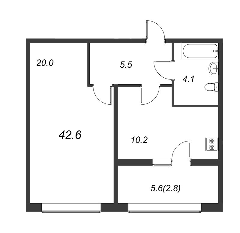 1-комнатная квартира, 42.6 м² - планировка, фото №1