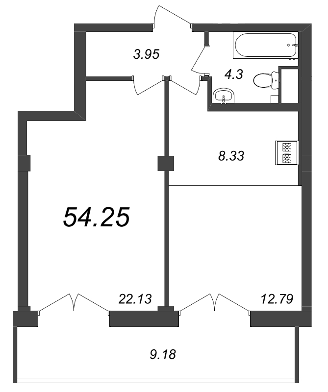 2-комнатная (Евро) квартира, 54.7 м² в ЖК "Neva Residence" - планировка, фото №1