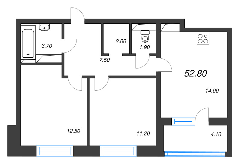 2-комнатная квартира, 52.8 м² в ЖК "М36" - планировка, фото №1
