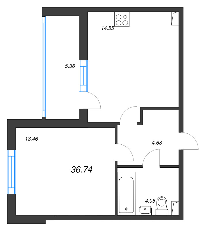 1-комнатная квартира, 36.74 м² в ЖК "Любоград" - планировка, фото №1