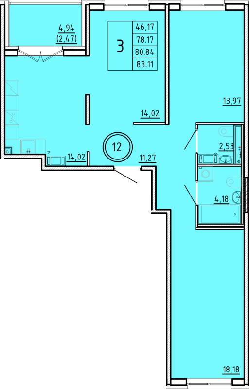 3-комнатная квартира, 78.17 м² - планировка, фото №1