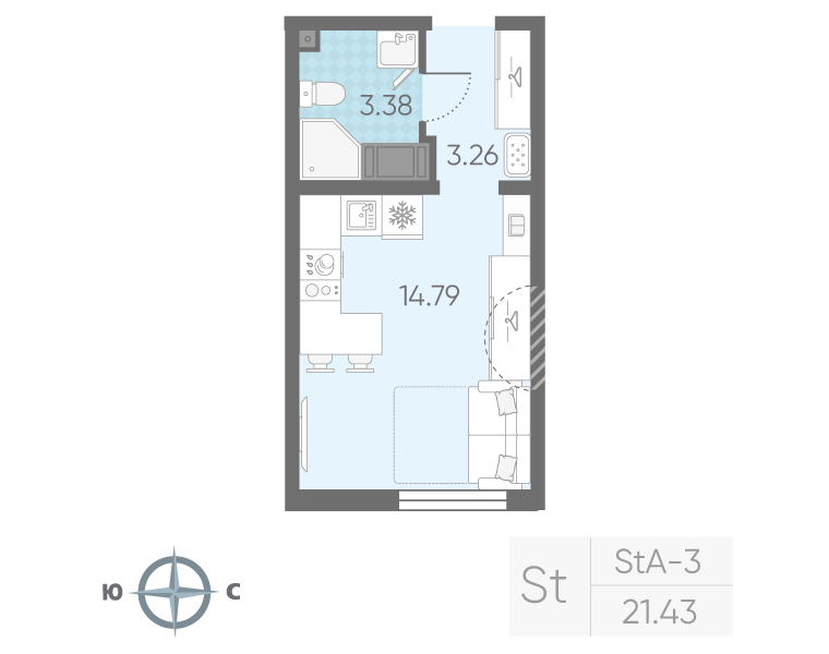 Квартира-студия, 21.43 м² в ЖК "Морская миля" - планировка, фото №1