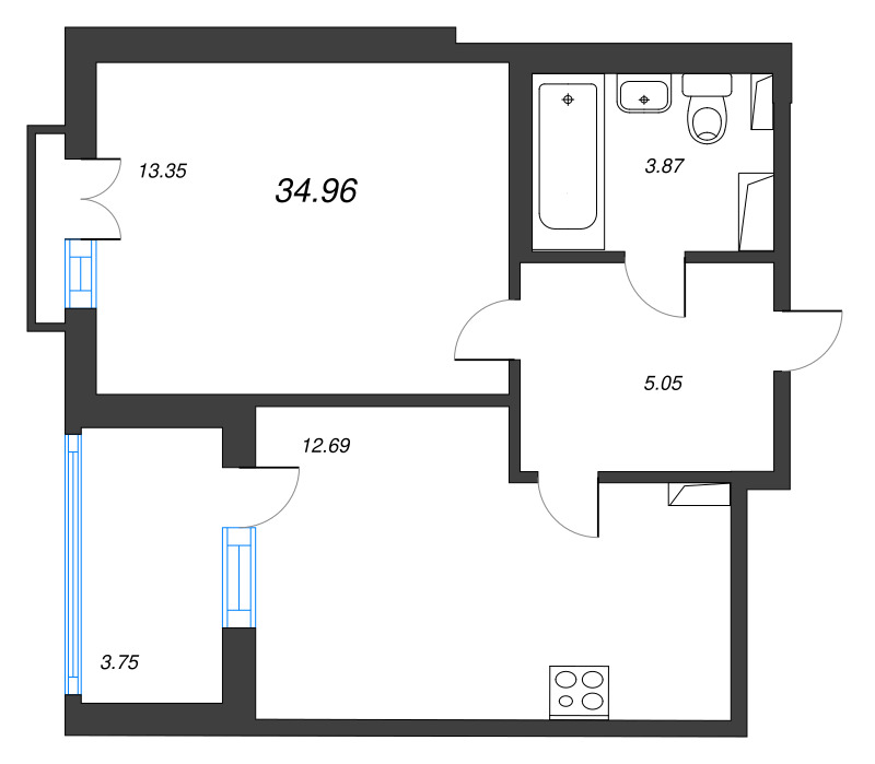 1-комнатная квартира, 34.96 м² в ЖК "Любоград" - планировка, фото №1