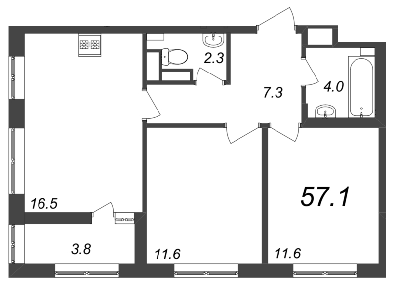 2-комнатная квартира, 57 м² в ЖК "Галактика" - планировка, фото №1