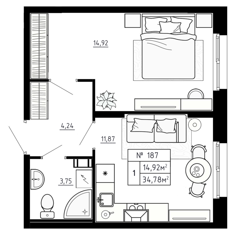 1-комнатная квартира, 34.78 м² в ЖК "Аннино Сити" - планировка, фото №1