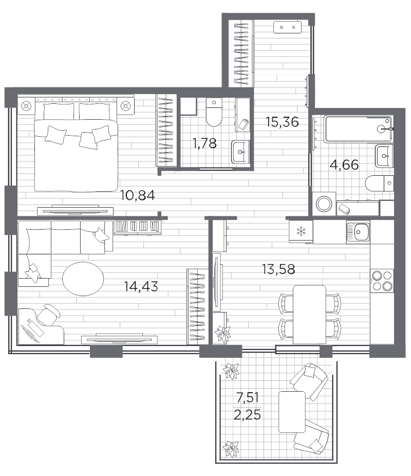 2-комнатная квартира, 62.9 м² в ЖК "PLUS Пулковский" - планировка, фото №1