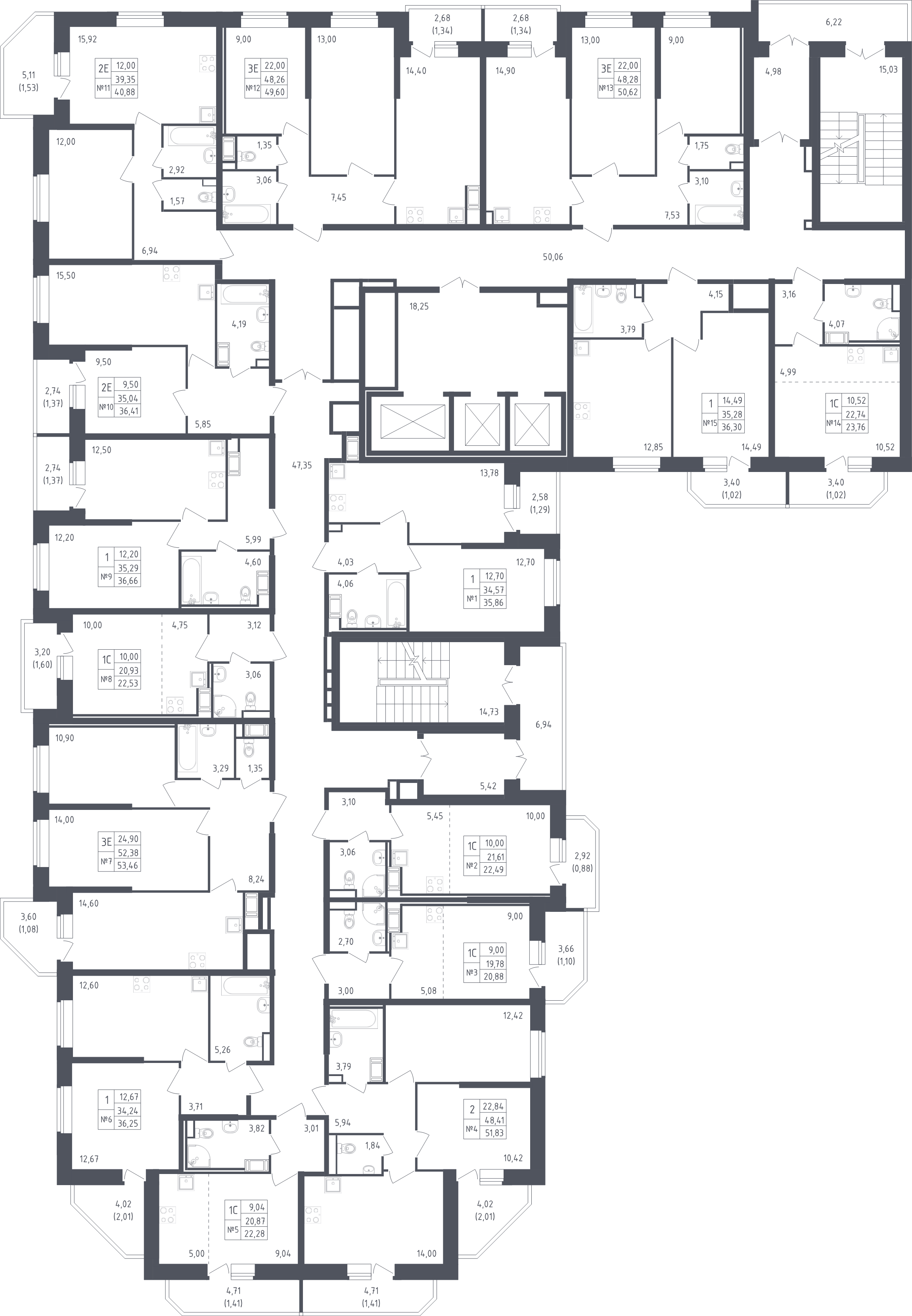 3-комнатная (Евро) квартира, 53.46 м² - планировка этажа