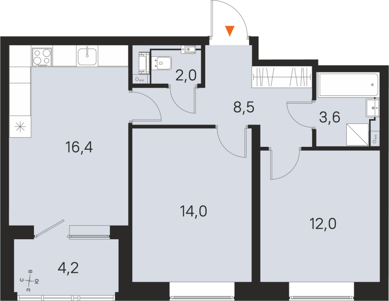 3-комнатная (Евро) квартира, 56.5 м² в ЖК "М36" - планировка, фото №1