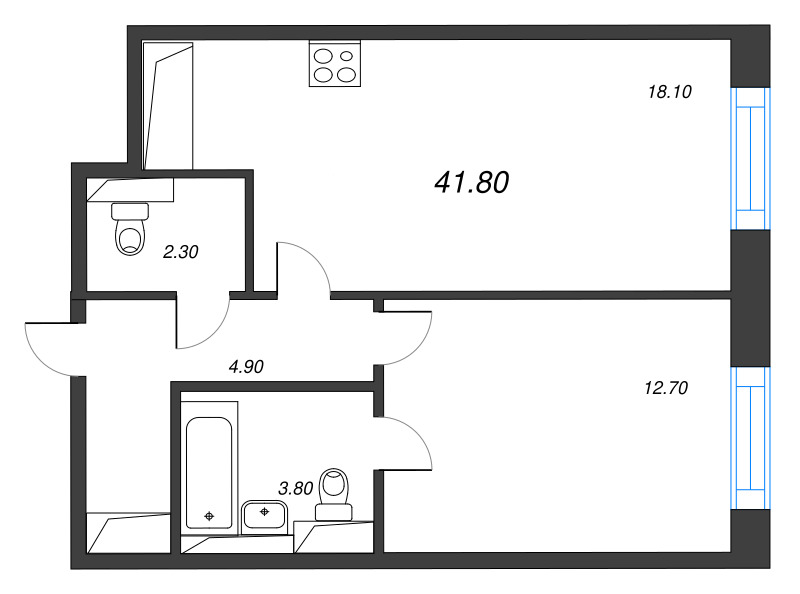 2-комнатная (Евро) квартира, 41.8 м² в ЖК "Большая Охта" - планировка, фото №1
