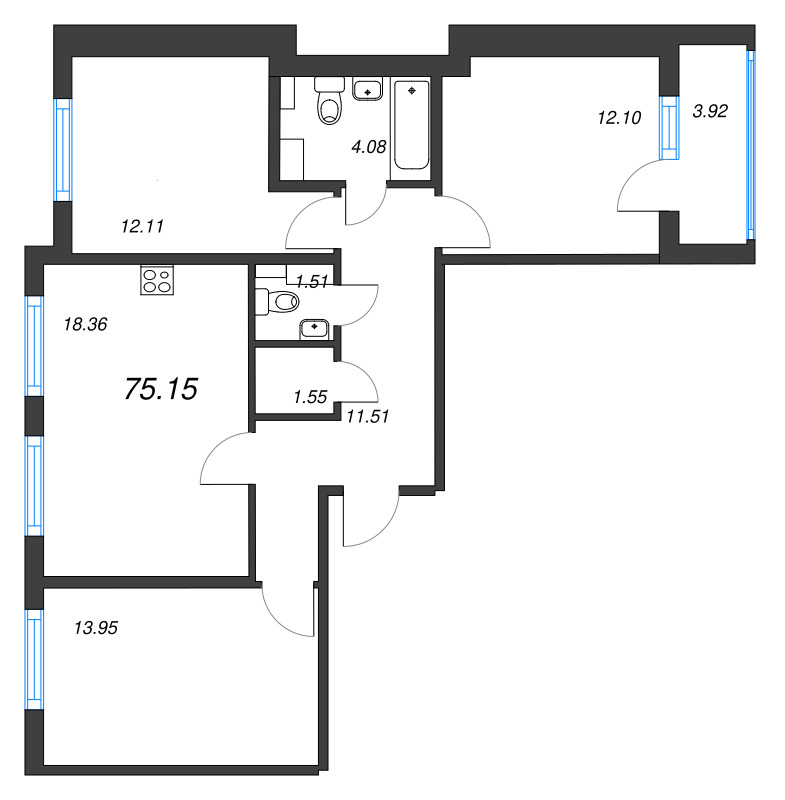4-комнатная (Евро) квартира, 75.15 м² в ЖК "Любоград" - планировка, фото №1