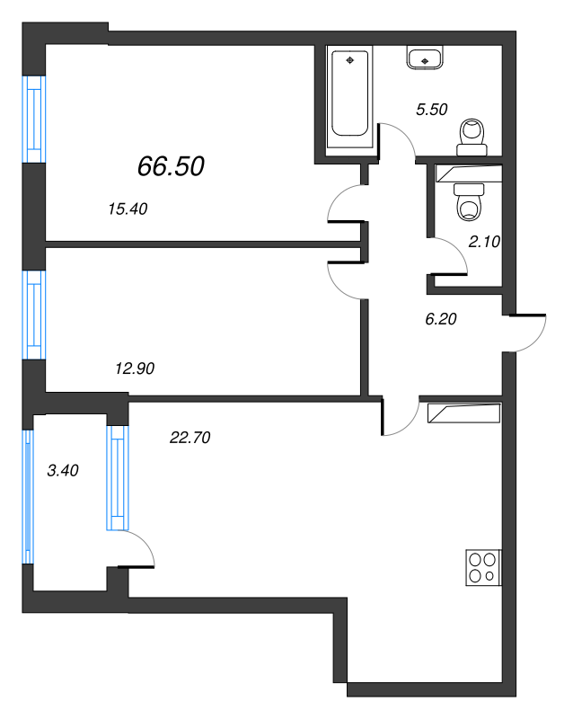 3-комнатная (Евро) квартира, 66.6 м² - планировка, фото №1