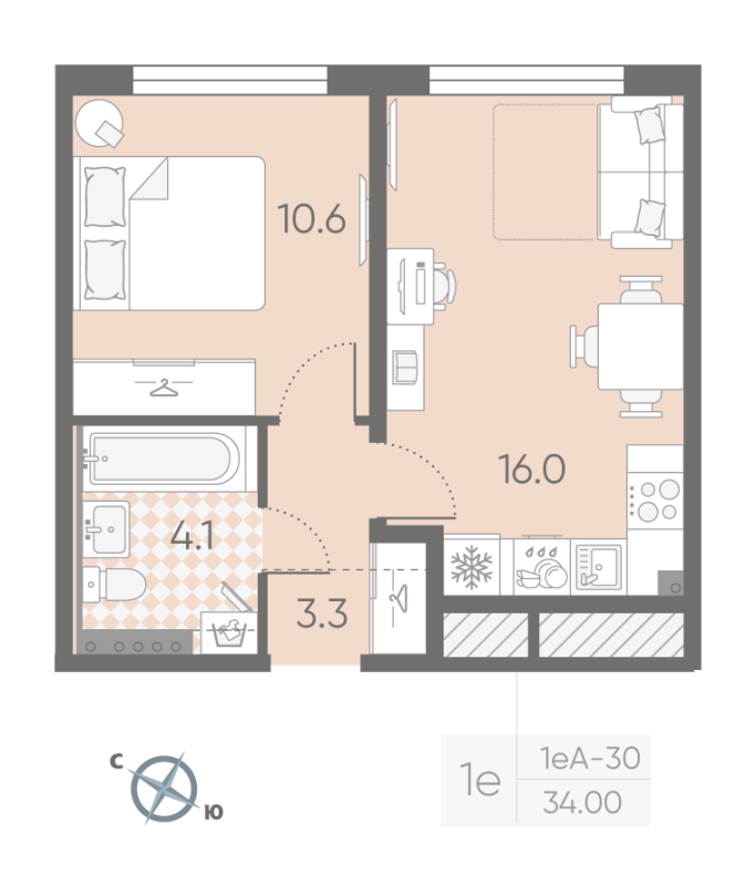 2-комнатная (Евро) квартира, 34 м² в ЖК "Пулково Lake" - планировка, фото №1