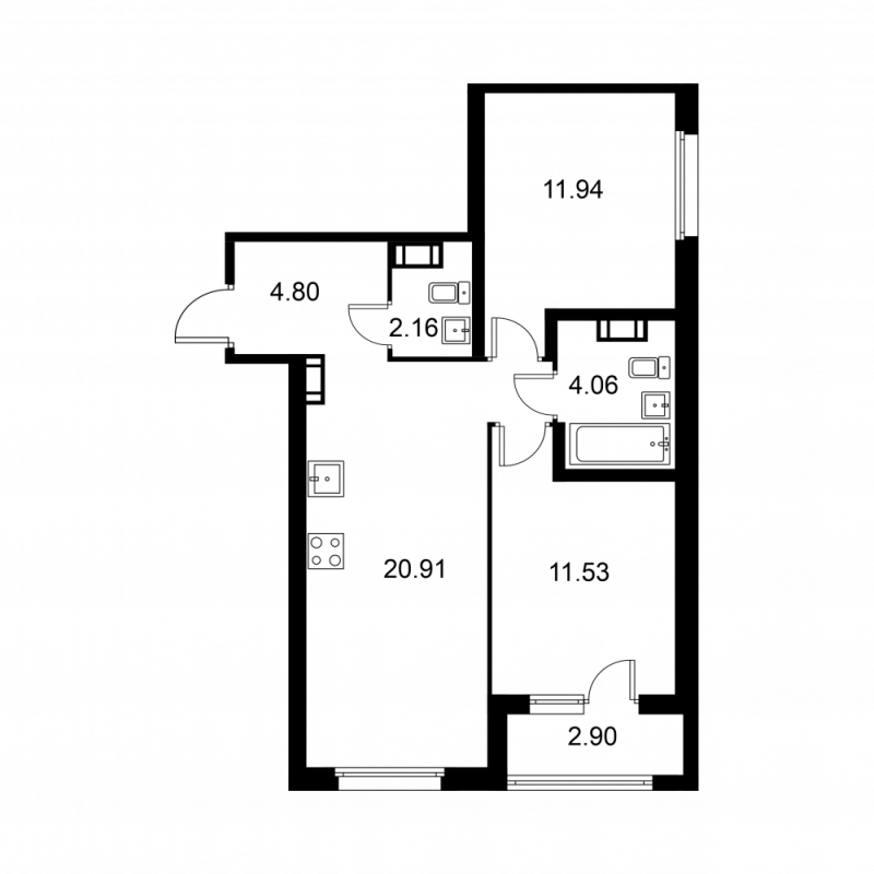 3-комнатная (Евро) квартира, 56.85 м² в ЖК "Квартал Заречье" - планировка, фото №1