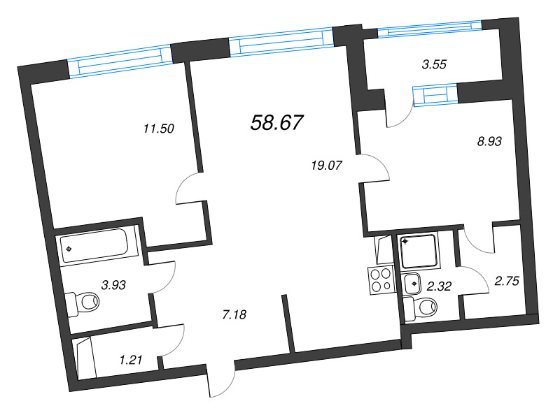3-комнатная (Евро) квартира, 58.67 м² в ЖК "Аквилон Riva" - планировка, фото №1