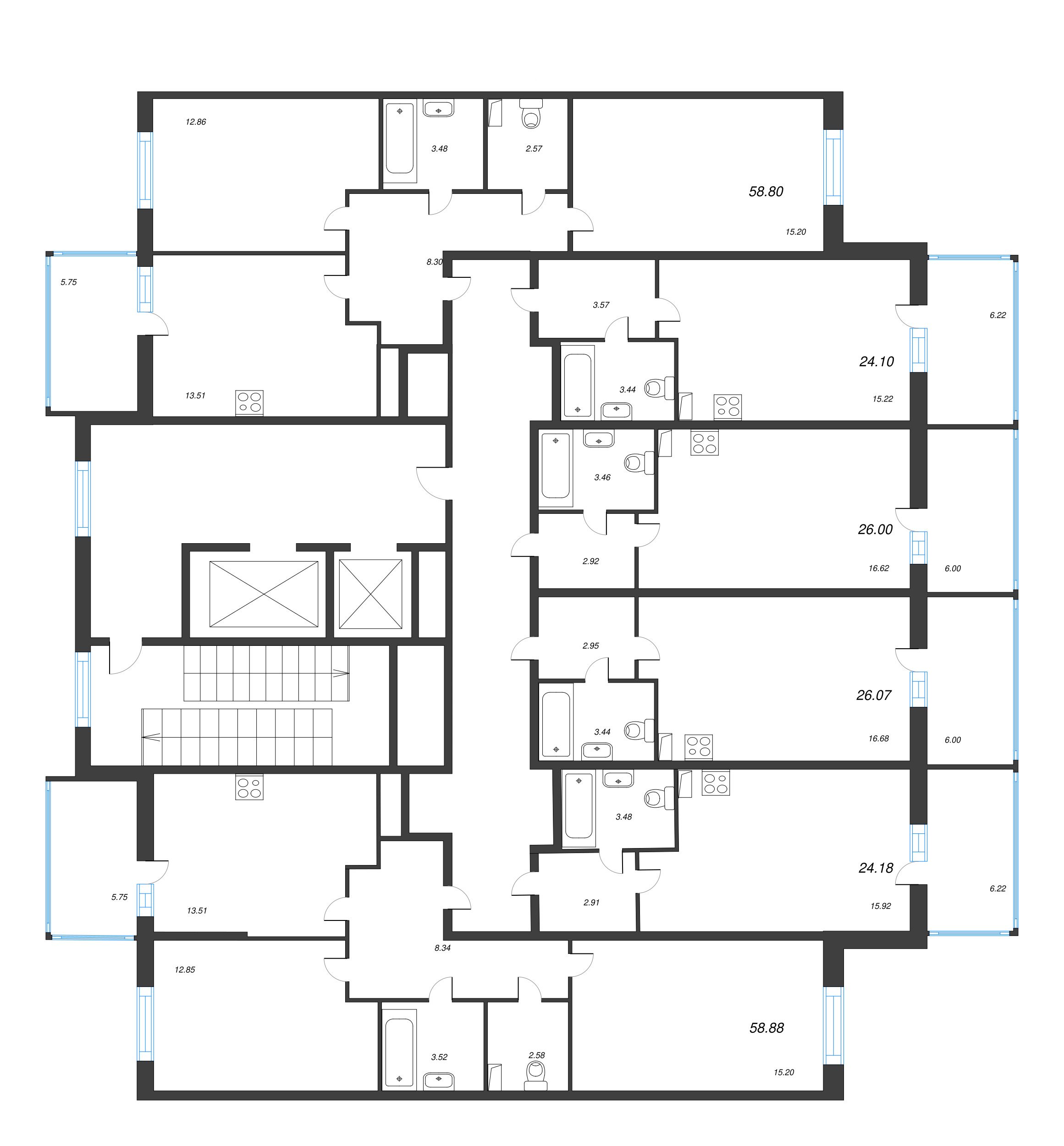 2-комнатная квартира, 58.88 м² - планировка этажа